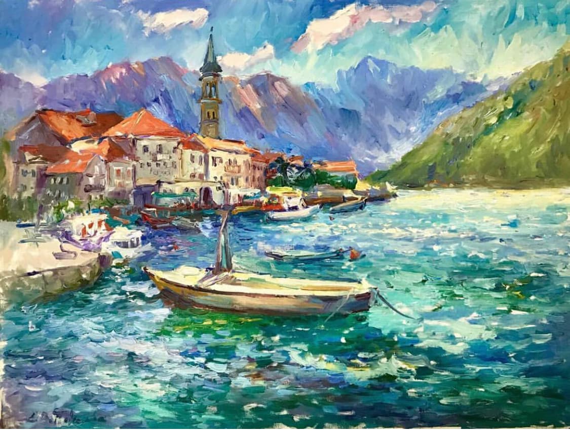 Vue de Perast, Monténégro - Huile sur Toile, 70 x 60 cm, 2017 - Olena Vaskiv